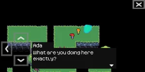 A field of floating islands with the player character facing another character.
A dialog box displays the text "What are you doing here exactly?"